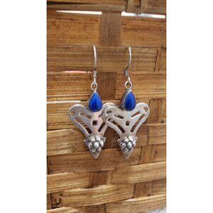 Vintage Silver Dangle Heart Shape Earrings With Lapis Lazuli S
